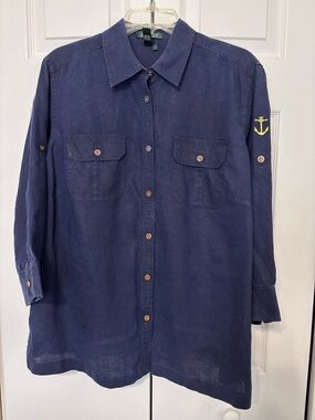 Lauren Ralph Lauren Women’s Blue 
100% Linen 
3/4 Sleeve buttonup shirt 
Size 1X